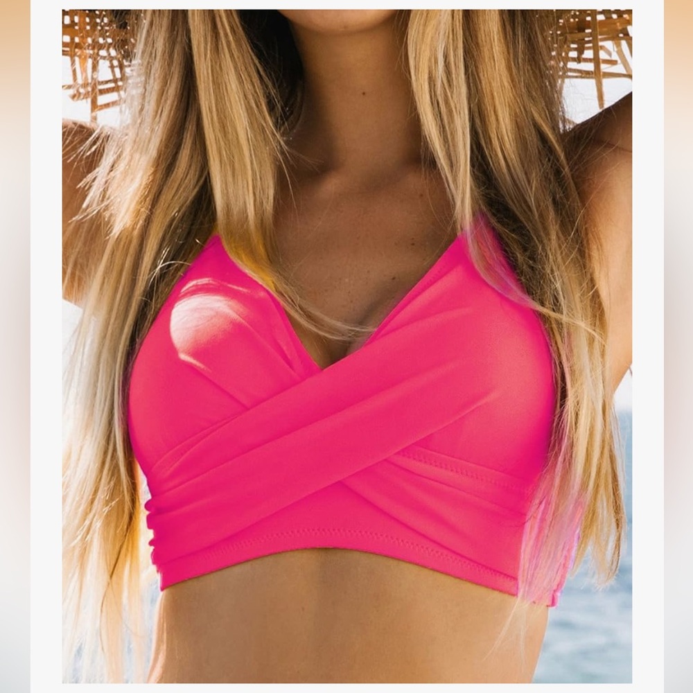 CUPSHE Swimsuit Bikini Top Wrap Self Tie  w/Fixed Wide Straps. Size S